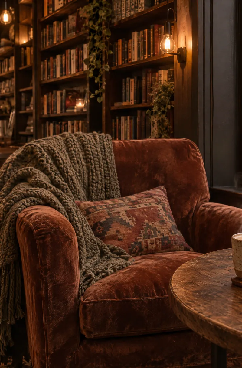 Cafeteria aconchegante de outono em Nova York, com poltrona de veludo, manta de tricô e estantes de livros