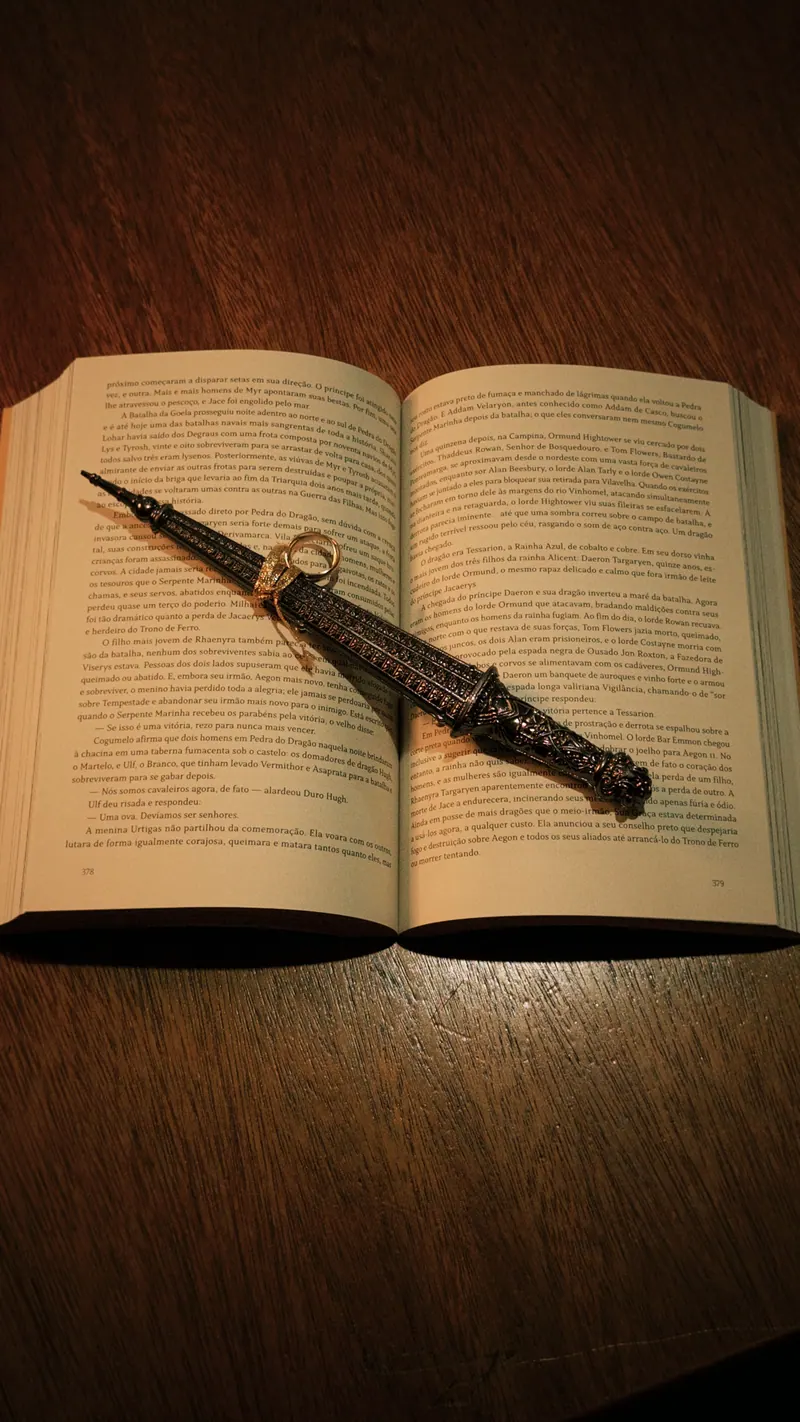 Livro aberto com uma pequena adaga antiga servindo de marcador