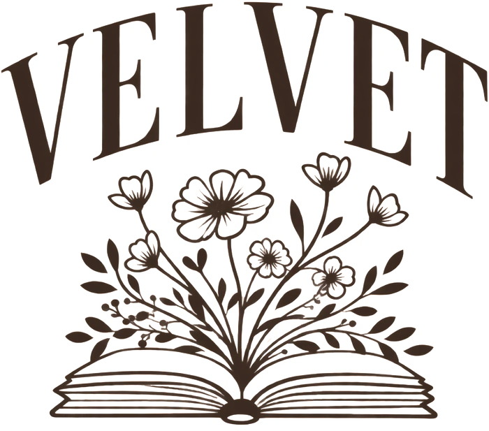 Logo do Velvet Book Club: a palavra Velvet em arco sobre um livro aberto do qual brotam flores