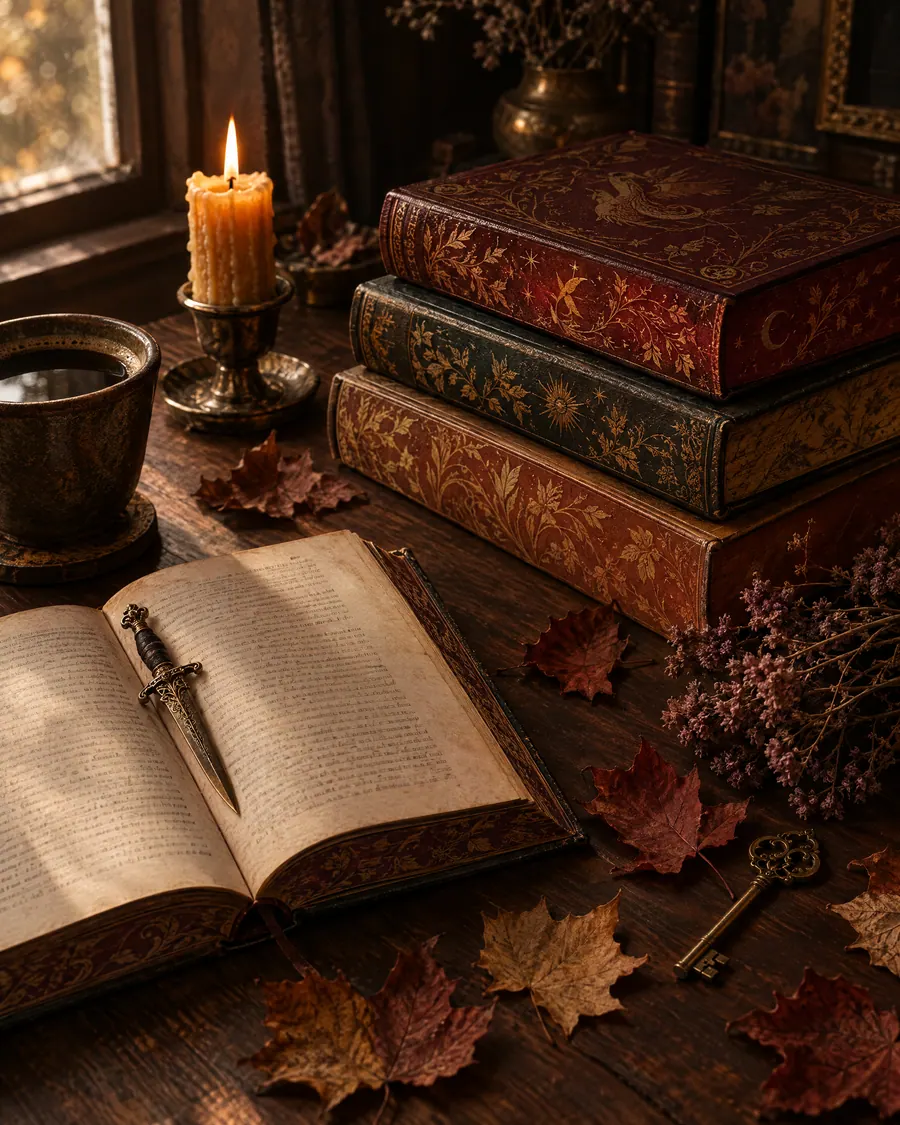 Pilha de livros de fantasia com bordas ornamentadas, vela acesa, café e folhas secas de outono sobre a mesa